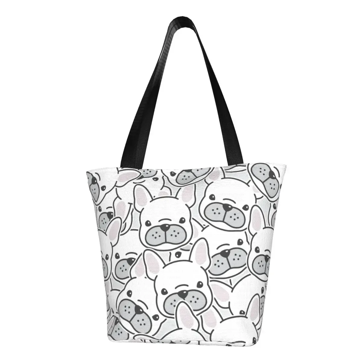 

French Bulldog Puppy Groceries Shopping Bags Canvas Shopper Tote Shoulder Bag Large Capacity Portable Dog Head Pattern Handbag