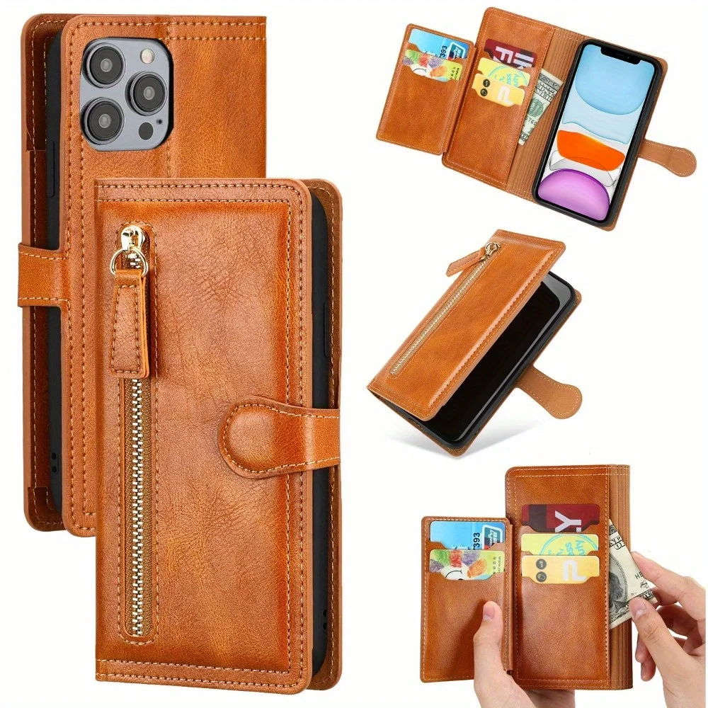 Luxury Faux Leather Flip Wallet Case with Zipper Pocket Cover
