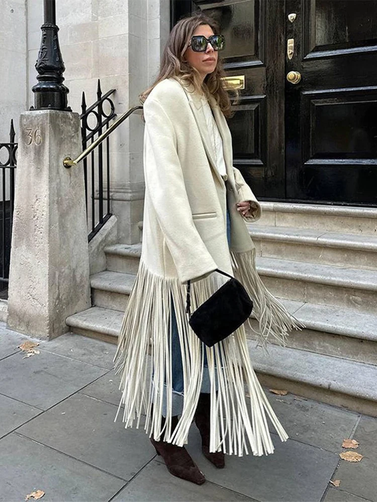 Fashion Tassel Hem Women's Coat Autumn Winter Turndown Collar Long Sleeve Female Overcoat 2024 Brown High Street Lady Outwear 4
