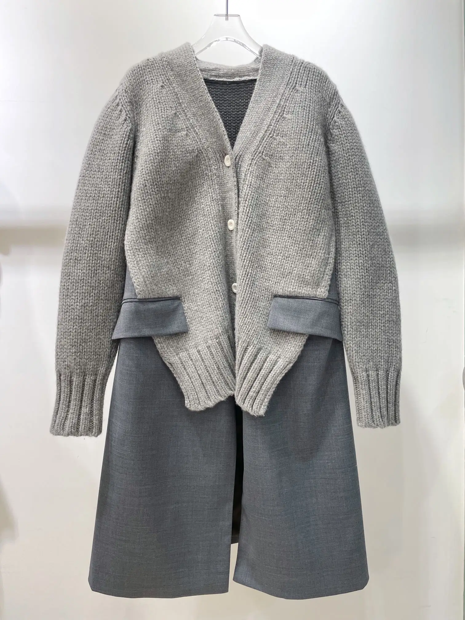 

2023 Women's Clothing V Neck Wool Knitted Patchwork Long Coat Autumn Winter New