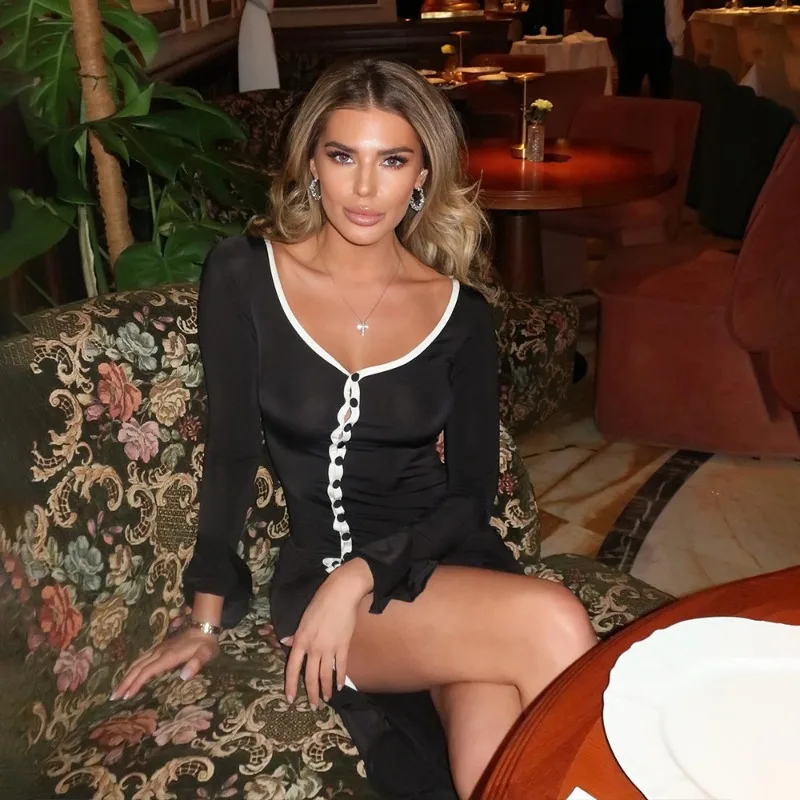 Fashion New Women's Long-sleeved V-neck Sexy Split Dress Elegant Button Cardigan Flared Sleeve Ruffle Edge Evening Dress