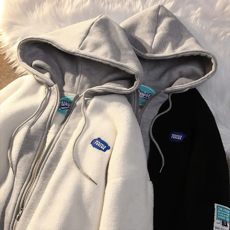 Hip-hop winter lamb wool hooded sweater women's padded jacket couple sweater top fashion fake two-piece velvet thick coat
