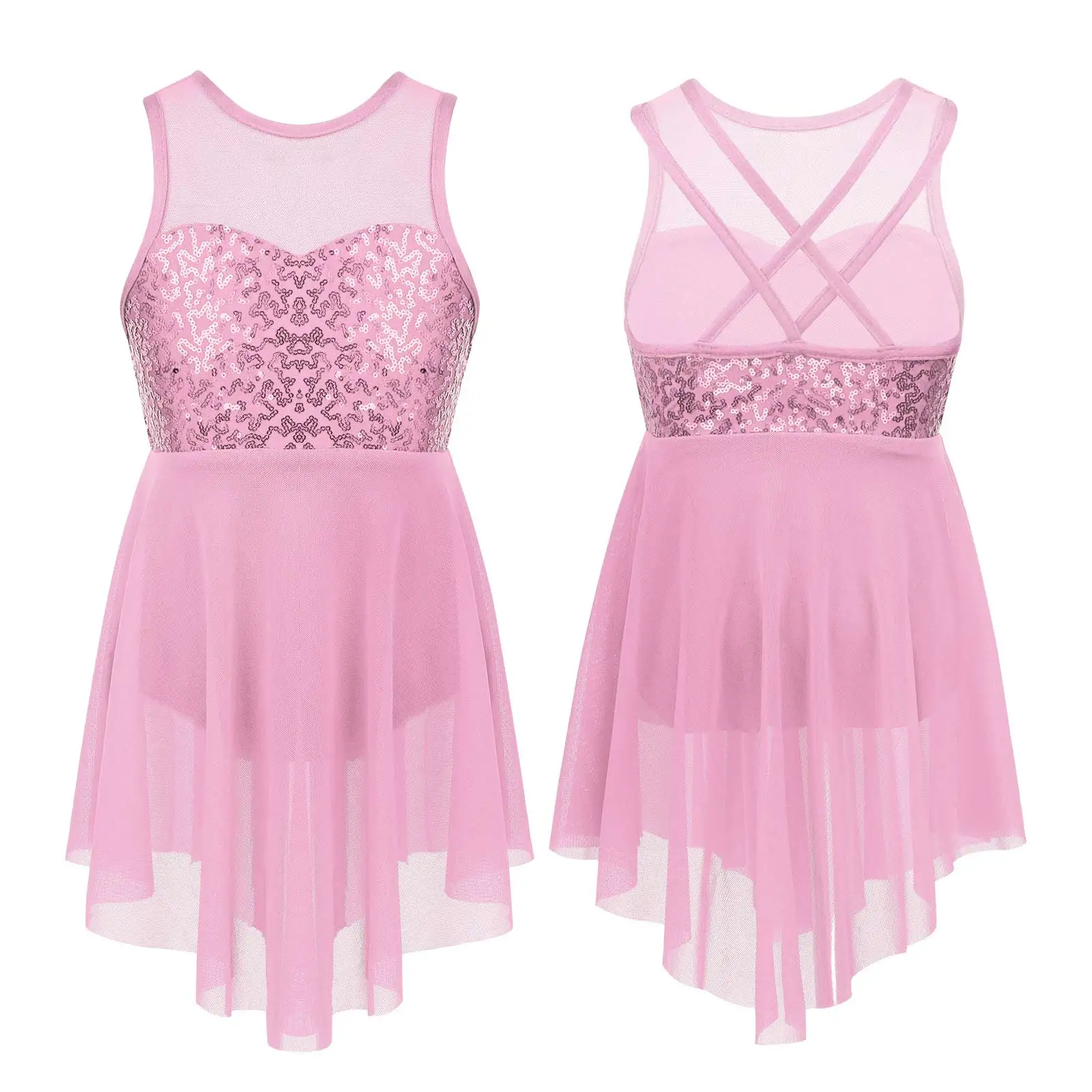 thumbnail image 1 of Vestido de competición de baile de Ballet para niñas pequeñas, ropa de baile con lentejuelas brillantes, sin mangas, dobladillo Irregular, espalda hueca, 1 of 5