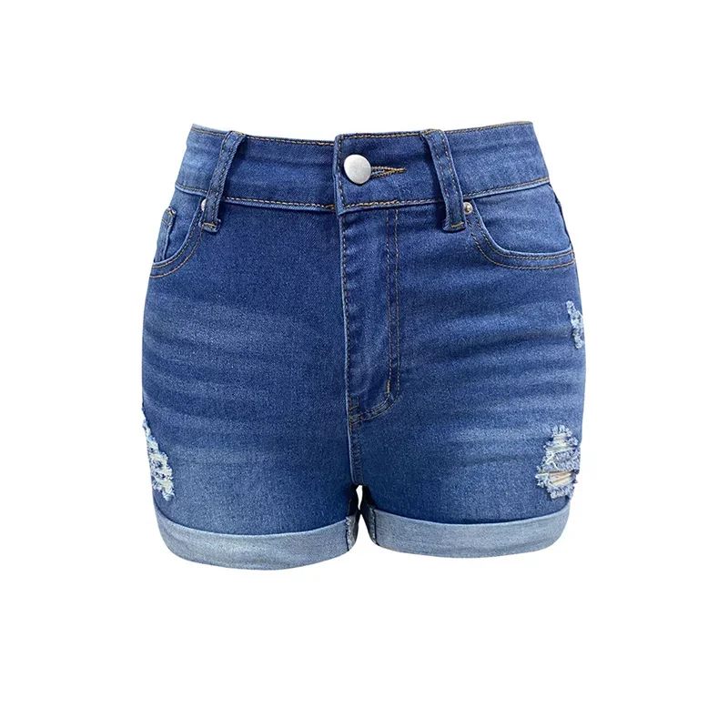 Fashion Folded Trouser Legs Denim Shorts Women Trend Broken Holes Streetwear High Waist Daily Casual Female Three Quarter Pants