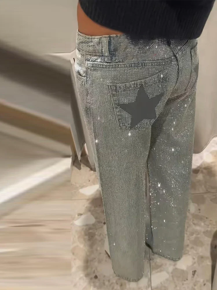 Y2K Sequin Straight Zipper Female Stars Jeans Fashion Loose Women Denim Pants 2026 Spring Wide Leg Female Trousers High Street 2