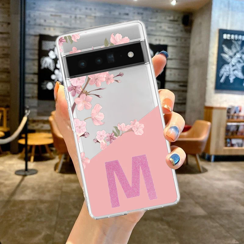 Elegant Pink Floral Alphabet Shockproof Phone Case - Soft Clear TPU Cover