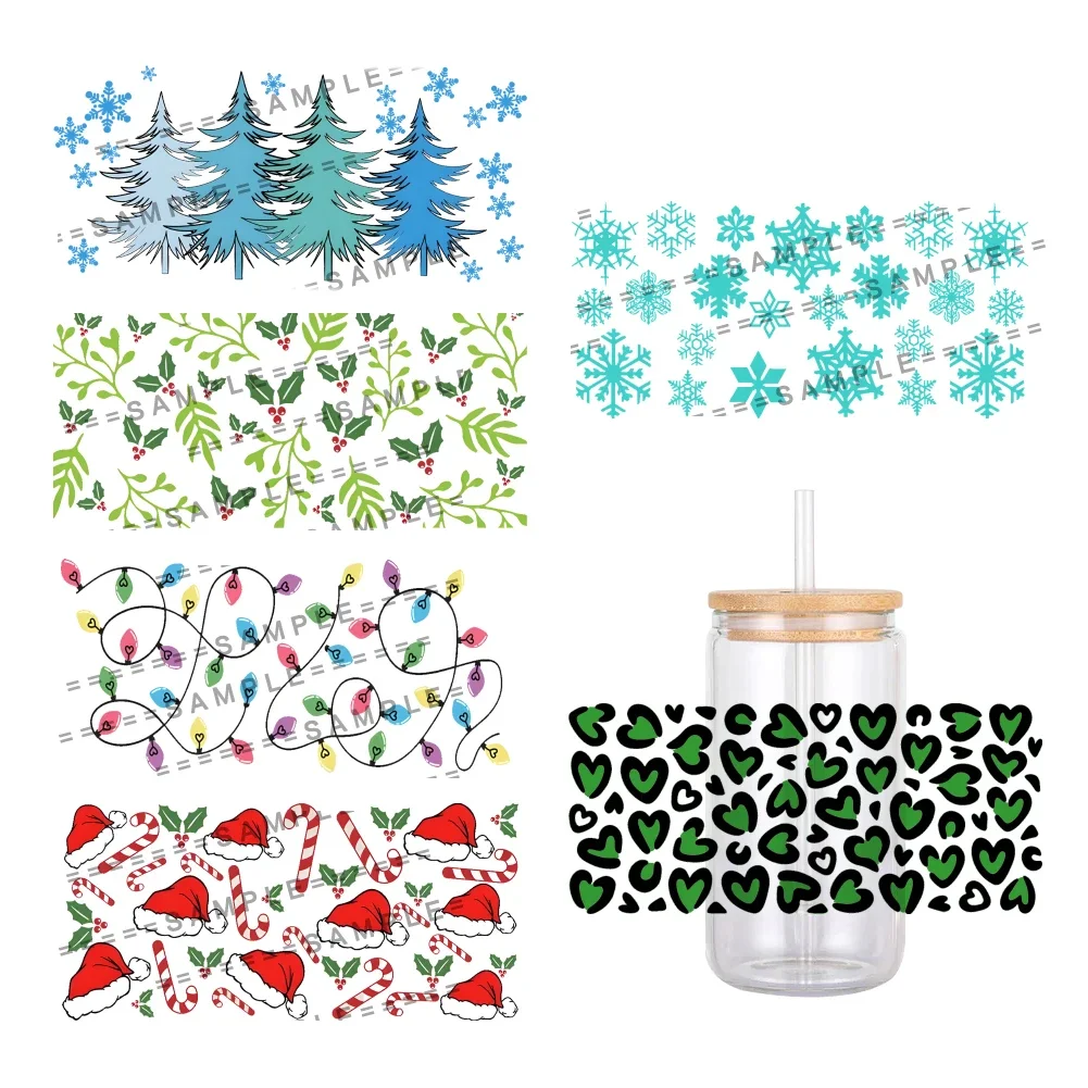 

Merry Christmas Trees Hats UV DTF Transfer Sticker Waterproof Transfers Decals For 16oz Coffee Cup Beer Glasses Mugs
