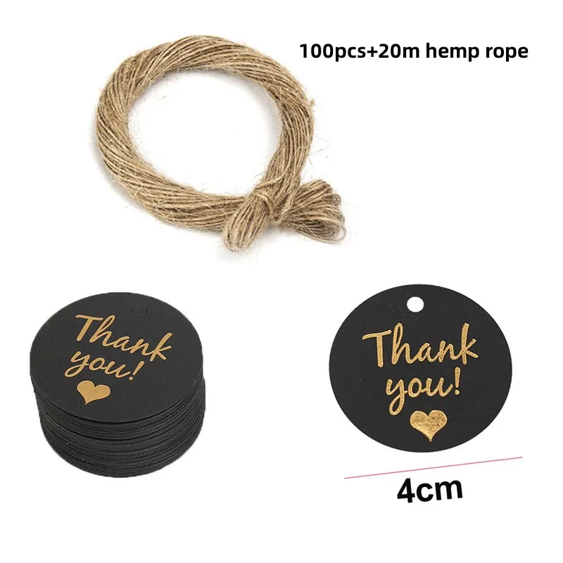 100pc+20m hemp rope gilding thank you for hanging tag cowhide black and white cardboard blank handmade DIY heart circle label handmade tags