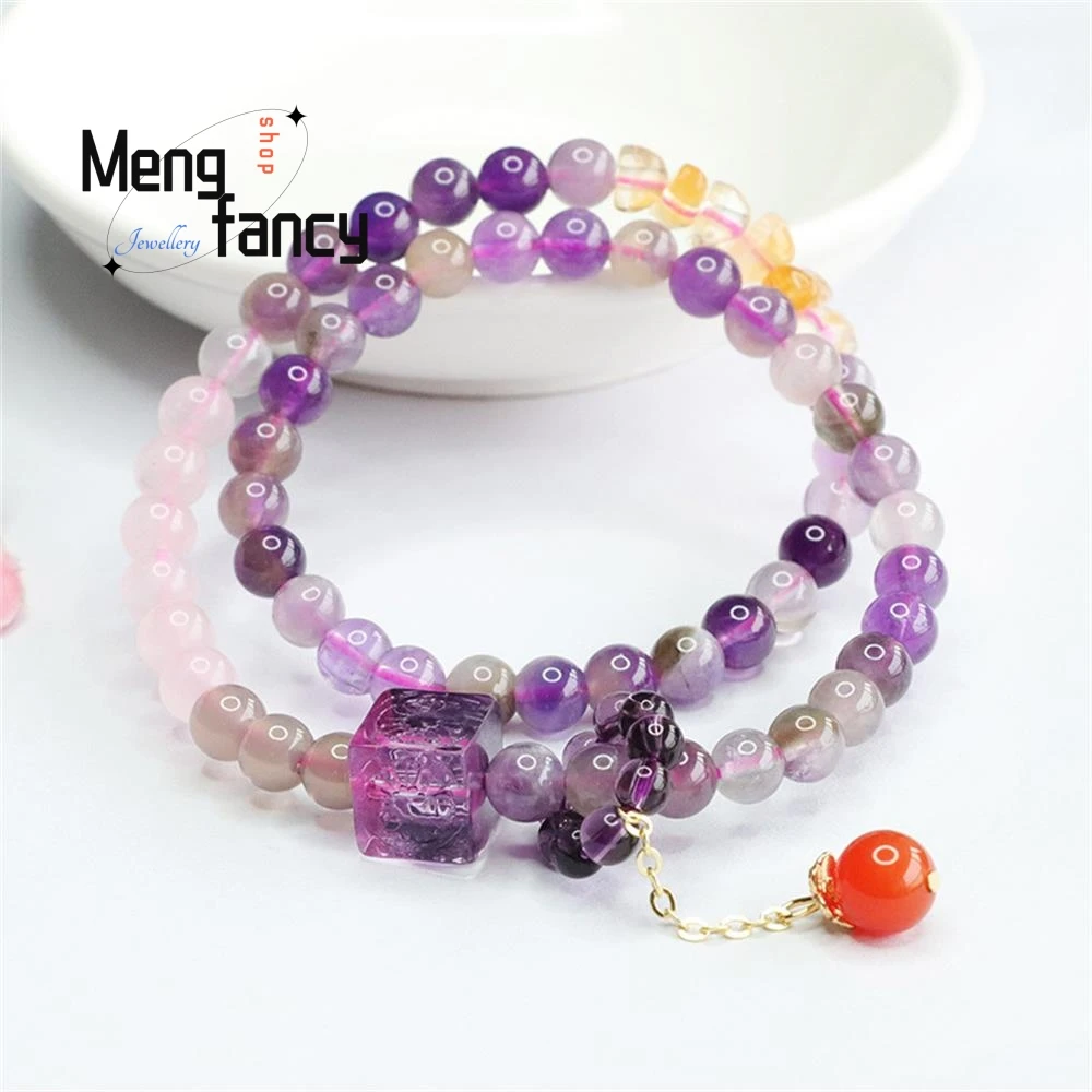 Natural Amethyst Nine Purple Ion Fire Aurora Strings Lucite Square Crystal Coloured Treasure Bracelet Charm Fashion Fine Jewelry