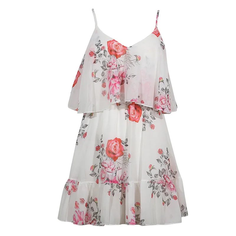 Chiffon Spaghetti Strap Floral Print Off Shoulder Sundress