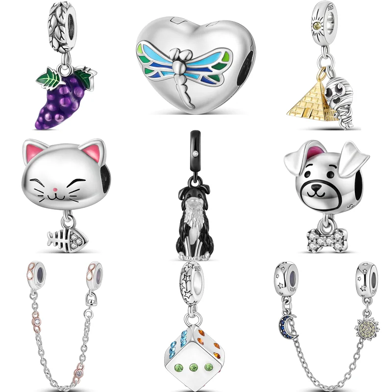 

Fit Original Pandora Charm Bracelet Jewelry 925 Sterling Silver Dragonfly Grape Pyramid Cat Dog Dice Moon Sun Safety Chain Beads