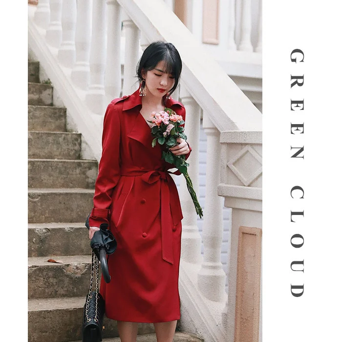 

New Simple and Elegant Feminine Temperament Silk Fabric Double breasted Slim Fit Red Windbreaker Mid length