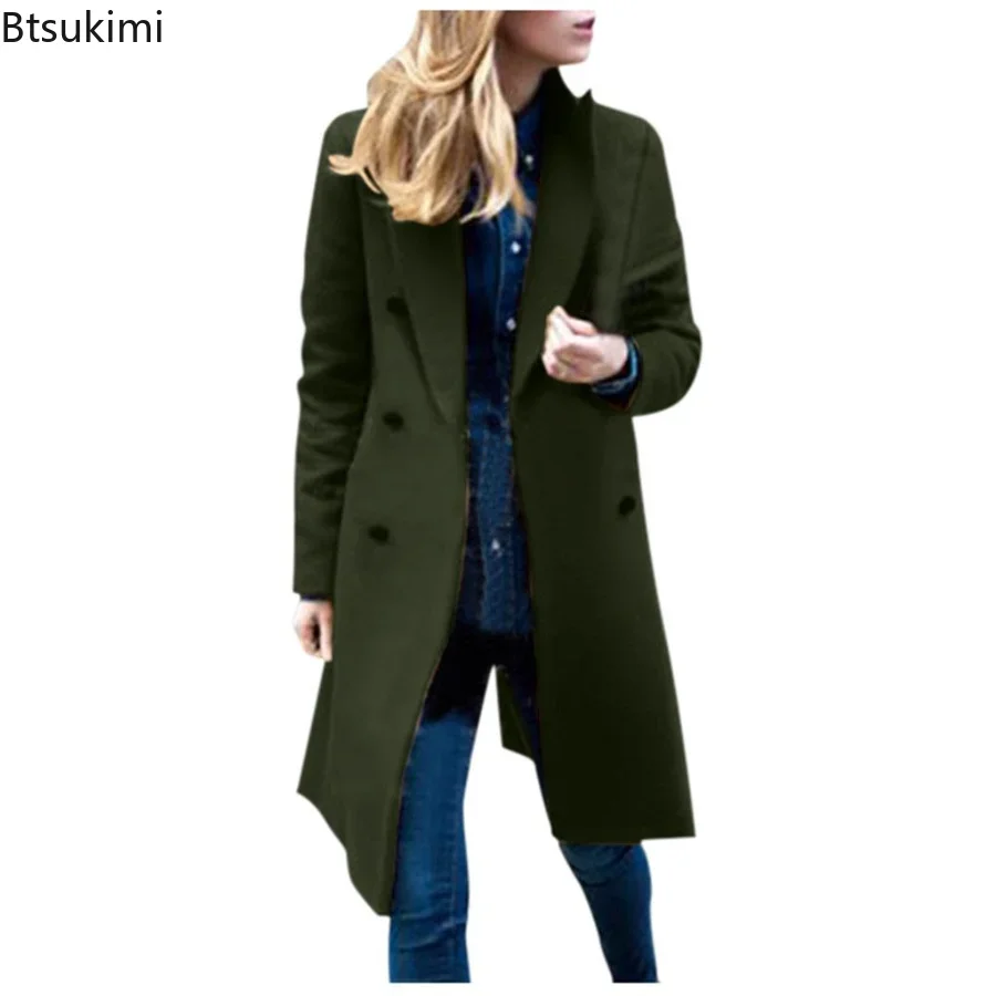 New 2024 Women's Long Coat Double Breasted  Autumn Winter Slim Fit  Wool&Blends Female Solid Outwear Streetwear Jacket Wool Coat