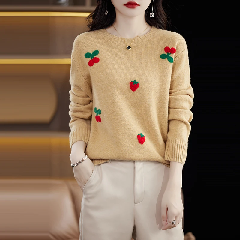 

RONGYI Embroidered 100% Merino Wool Women's O-Neck Pullover Sweater Knitted Loose Padded Autumn And Winter Keep Warm Coat Top