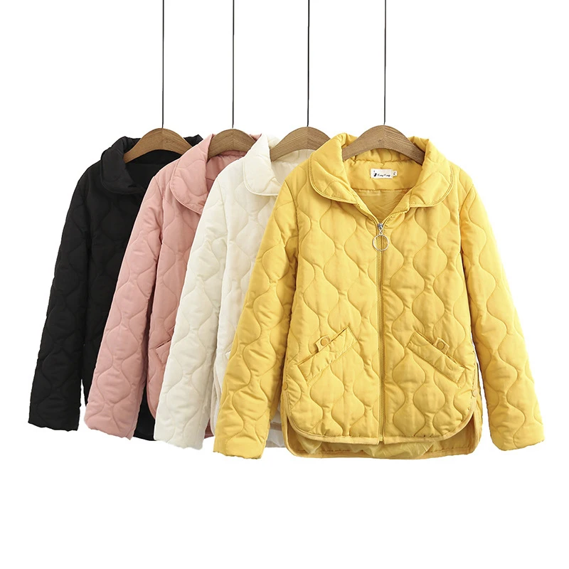 Women Clothing Short Parka Autumn Winter Thin Padded Jacket Warm Simple Loose Buttons Split On Both Sides Quilted Coat