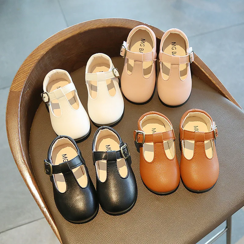 Fashion Leather Shoes For Girls Simple T-strap Kids Flats Children Flats Casual Soft Anti-slip 15-30 Hot Princess Infants Sweet