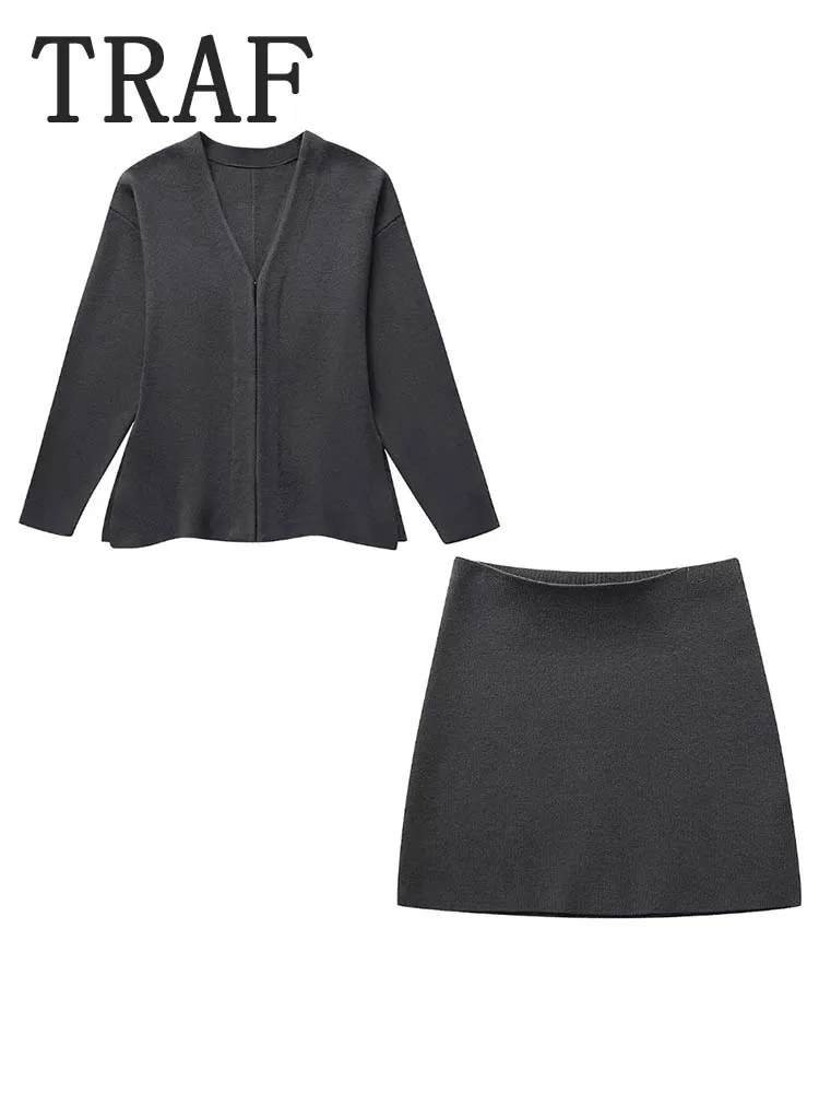TRAF Women Knit Mini Skirt Sets For Women 2 Pieces Knit Coat Women Suits New Two Piece Set Women Outfit Streetwear Clothing 6