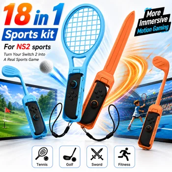 Kit di Accessori per Giochi Sportivi 18 in 1 per NS Switch 2 Joy-Con, Mazze da Golf, Racchette da Tennis, Spade, Cinturini da Polso, Accessori Joy-Con