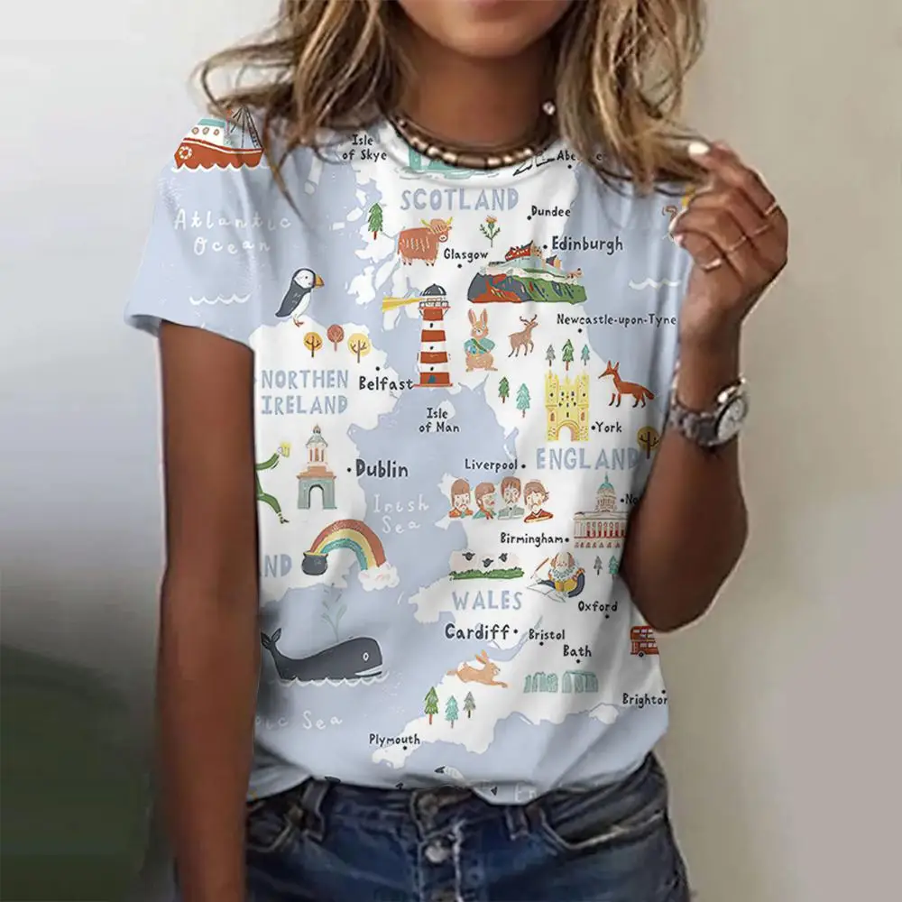 Weltkarte Muster Druck Damen T-Shirts Casual O-Ausschnitt Sommer lose kurze Ärmel T-Shirt 2024 lustige Frauen Kleidung Pullover – Detail 5