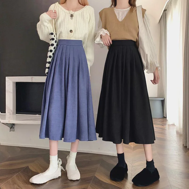 

Korean Style Women's Midi Skirt 2023 Autumn High-Waisted Corduroy Long Skirt Women College Style Pleated A-Line Skirts