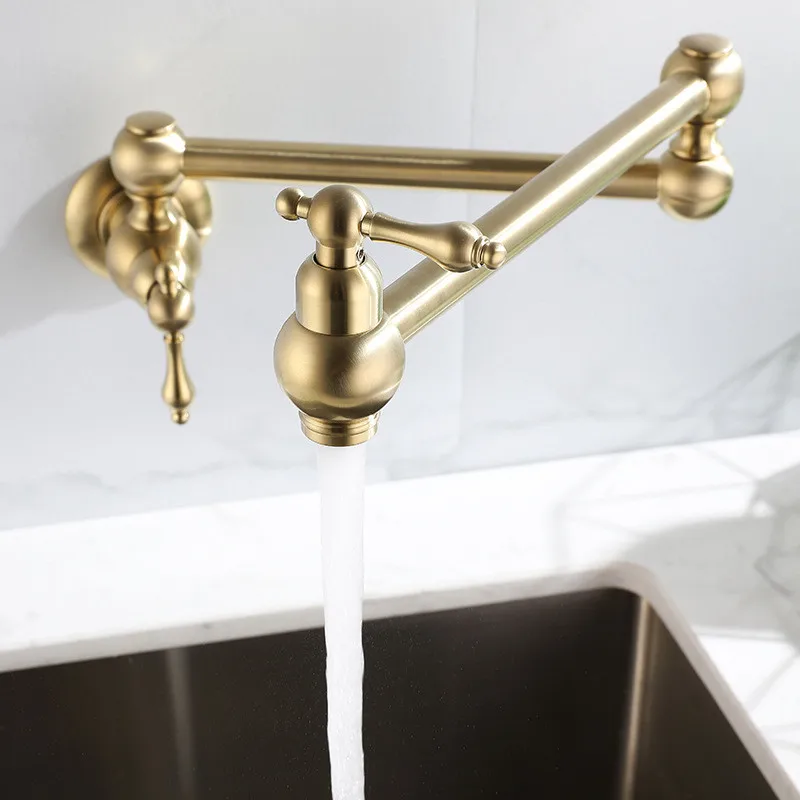 Brushed Gold Kitchen Sink Faucets Hot & Cold Brass Basin Mixer Taps Wall Mount Rotating Foldable Dual Handle Chrome/Nickel/Black