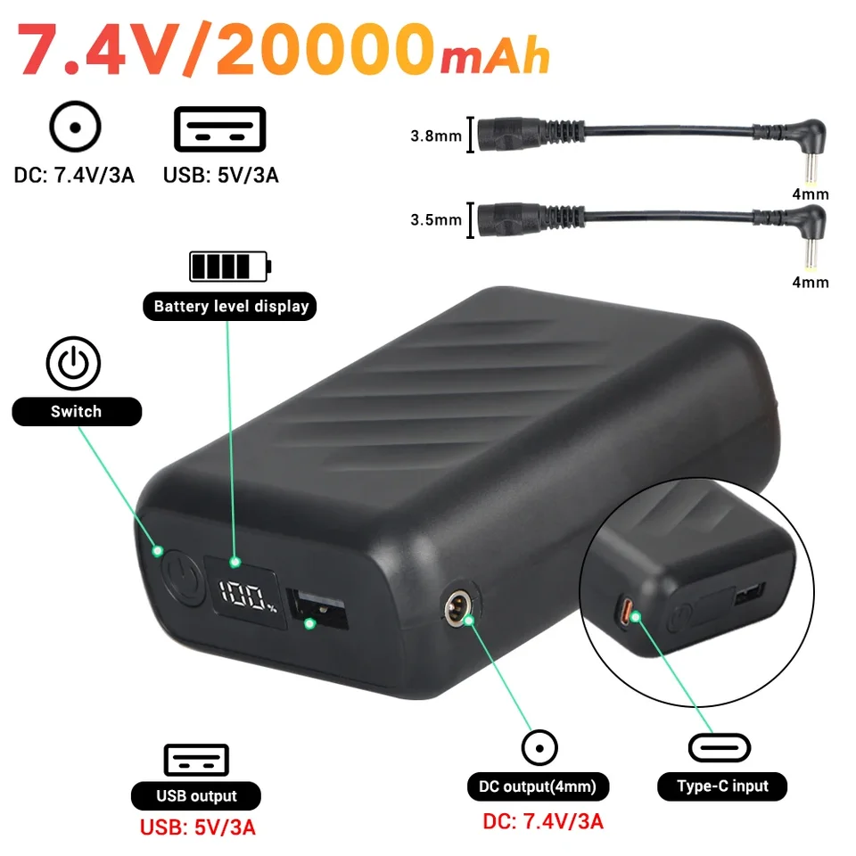 Power Bank 16000mAh Per Gilet Riscaldato – 7.4V 3A Con Display LED, 3 Porte (USB/Type-C/DC) Per Giacche E Smartphone