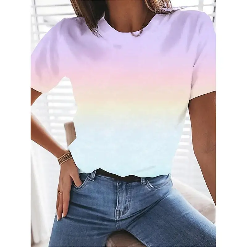 

Women's T Shirt Color Gradient Tie Dye Printing Round Neck Basic Casual Tops