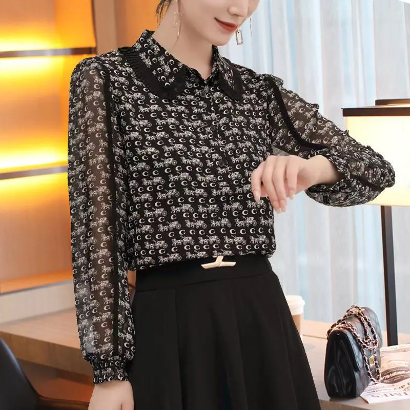 

Women's Spring and Autumn New Doll Neck Spliced Button Fashion Loose Temperament Chiffon Western Style Slim Long Sleeved Tops