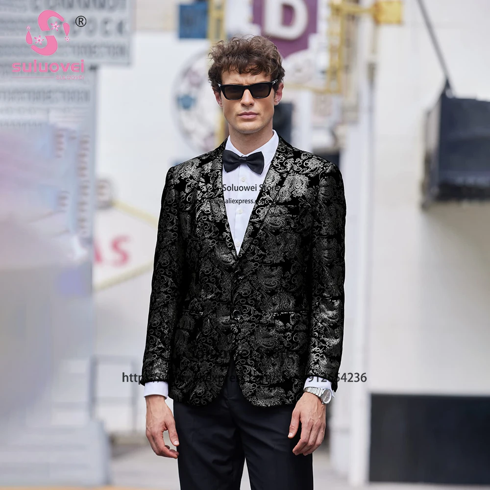 

Luxury Floral Jacquard Suit For Men Wedding Groom Slim Fit 2 Piece Pants Set Groomsmen Party Notch Lapel Tuxedo Blazer Masculino