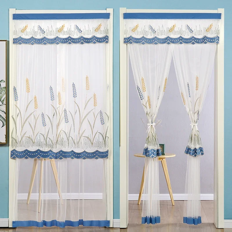 thumbnail image 1 of Cortinas de puerta bordadas con encaje de malla, sin perforaciones, de doble capa, transparentes, con borde ondulado, decorativas, de media cortina, 1 of 5