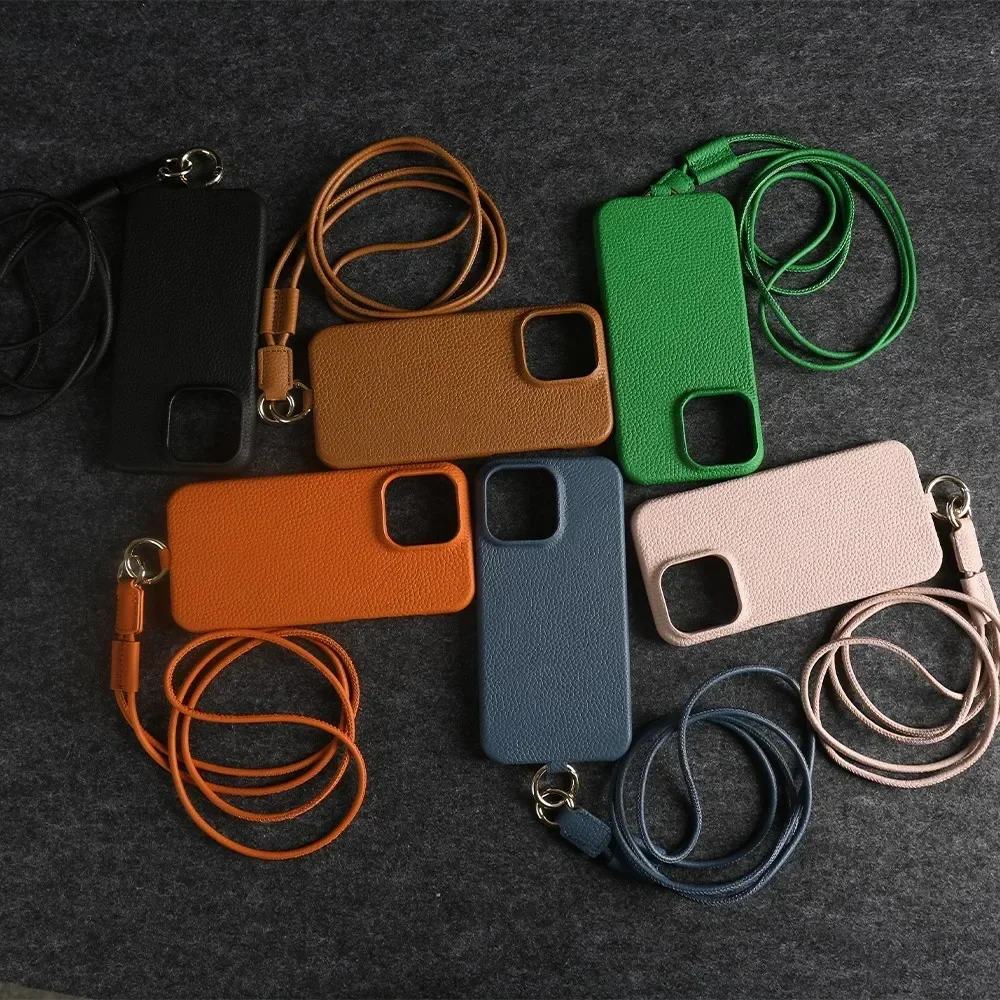 Cowhide Genuine Leather Case For iPhone 16 Pro Max 15Pro 11 13 12pro 14Pro 14 Strap Crossbody Lanyard Phone Cover Coque