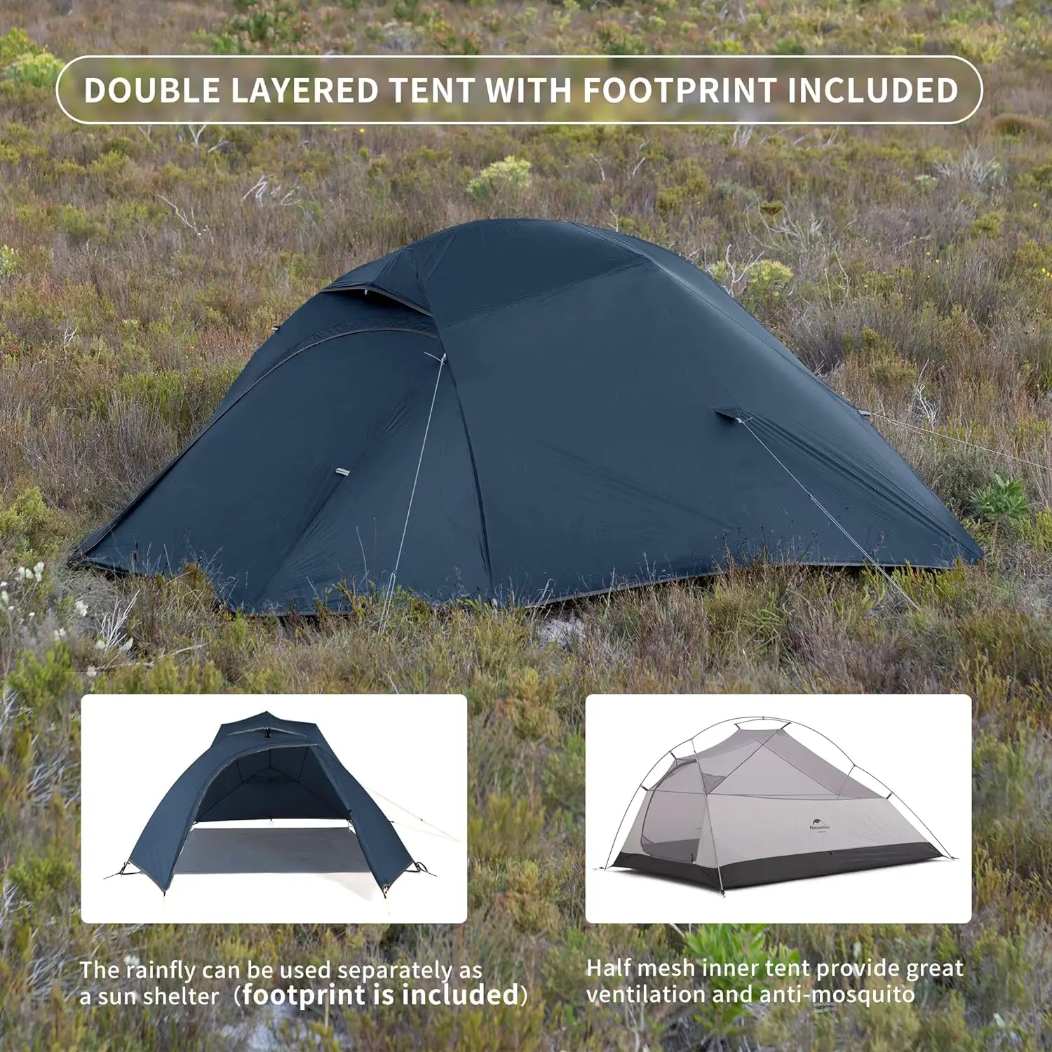 

Naturehike Cloud-Up 3 Person Tent Lightweight Backpacking Tent with Footprint - 3 Season Free Standing Dome Camping Hiking