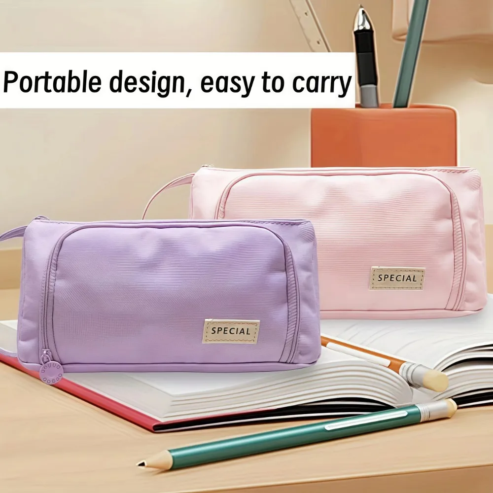 Astuccio portatile per matite, borsa porta matite multistrato in tinta unita, grande capacità con maniglia, scatola per penne, forniture per scuola e ufficio - immagine 2