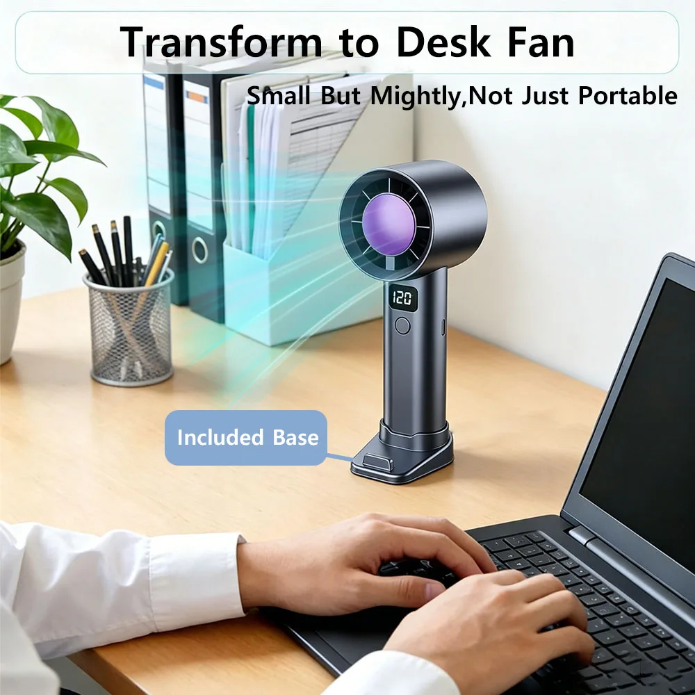 Compact 5-Speed Handheld Fan with Power Display & USB Rechargeable Battery - Lightweight Personal Cooling Fan with Stand