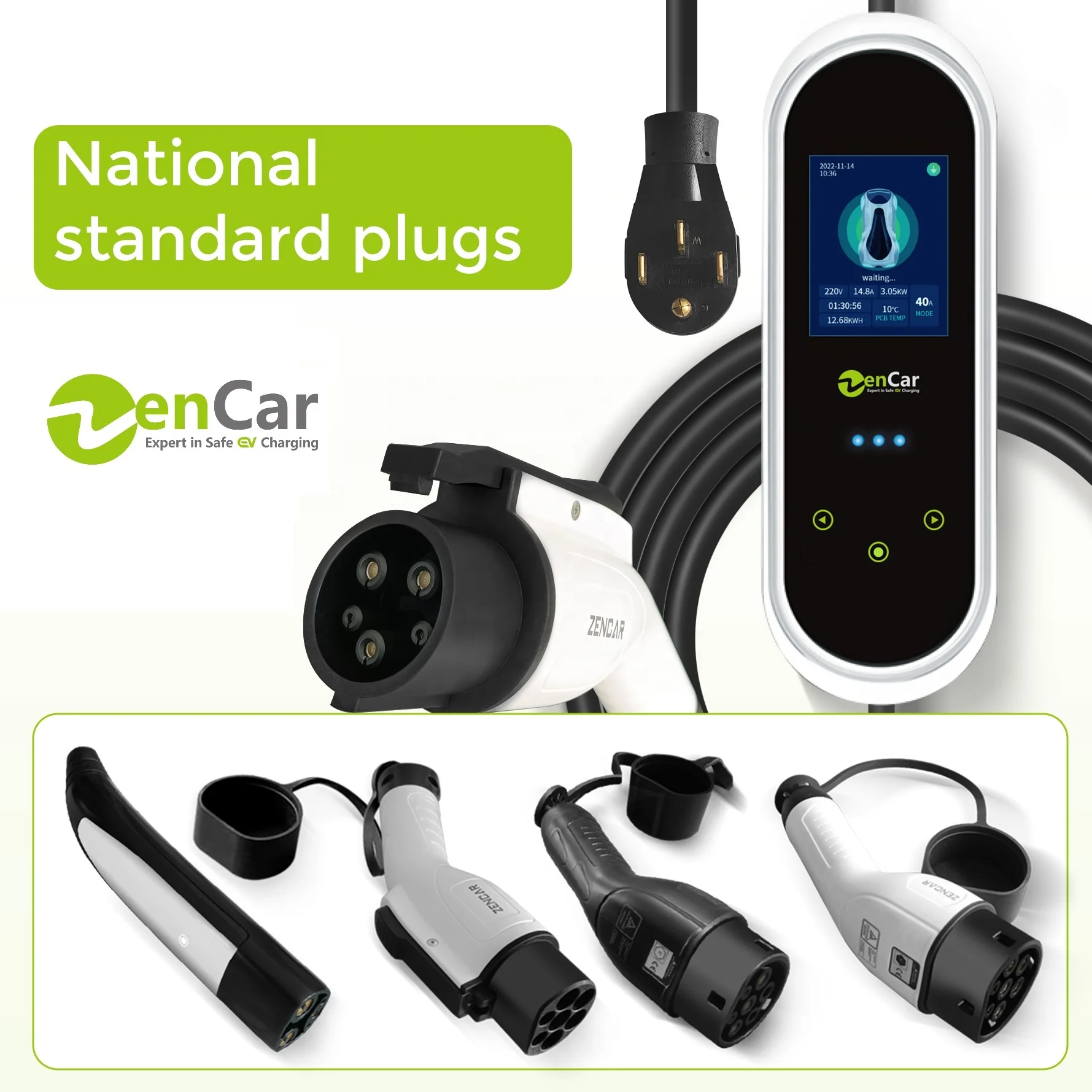 젠카 프리미엄 TUV CB CE 인증 32A 휴대용 전기차 충전소 3상 22kW EVSE 타입 2 GB 플러그 IP66 WiFi 앱 지원 홀더 포함