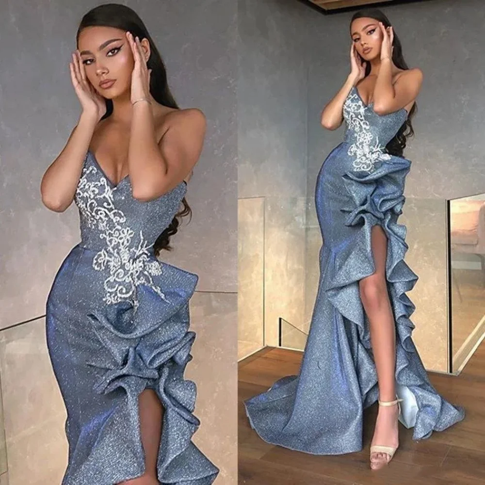 

New Grey Shiny Women Prom Dress Lace Appliques V-Neck Spaghetti Straps Evening Dress Ruched Mermaid Floor-Length Party Dress