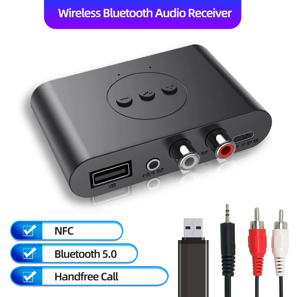 

Bluetooth 5.0 Audio Adapter Wireless Audio Receiver NFC U Disk RCA 3.5mm AUX Jack Stereo Music Receiver Car Speaker Amplifier