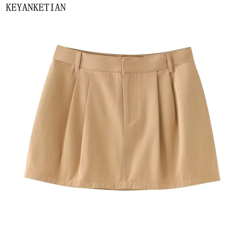 

KEYANKETIAN 2024 New Launch Women's Pleated Mini Skirt Summer Zipper Low waist Khaki Pockets Slim Cargo style Skirt Plain Cloth