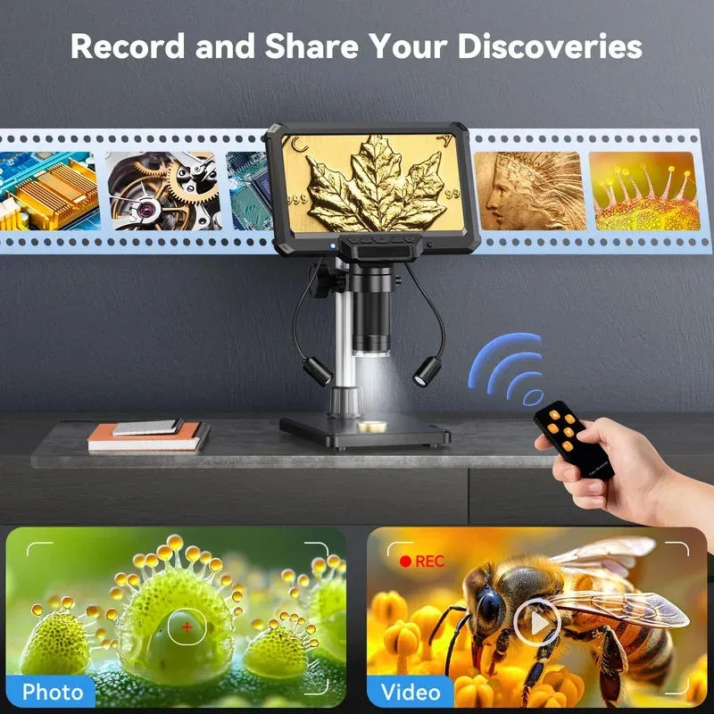 새로운 디지털 현미경 4.3인치 1200배 확대 동전 PCB 회로 수리용 16MP HD 납땜 현미경 조명 포함, PC 보기