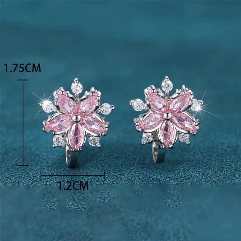 Clip Earrings Elegant Pink Crystal Sakura White Zircon Flower For Women Wedding