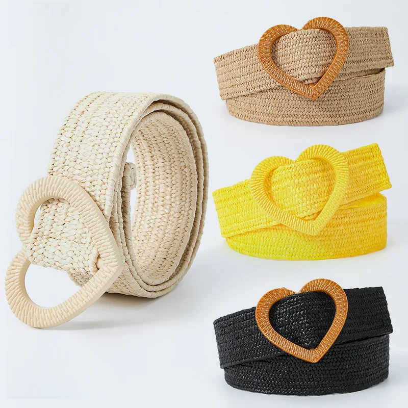 Fashion Women's Summer Beach Skirt Braided Belt Square Buckle Love Buckle Card Straw Elastic All-Match Dress Accessory Waistband