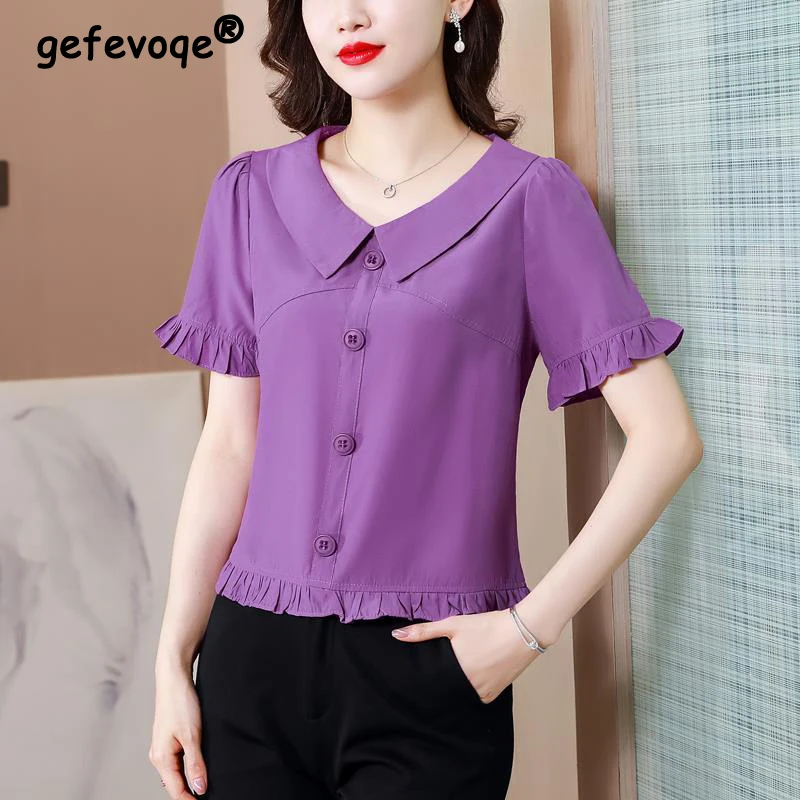 2024 New Summer Women Korean Fashion Ruffle Chiffon Blouse Office Lady Elegant Short Sleeve Shirt Solid Loose Tops Casual Blusas
