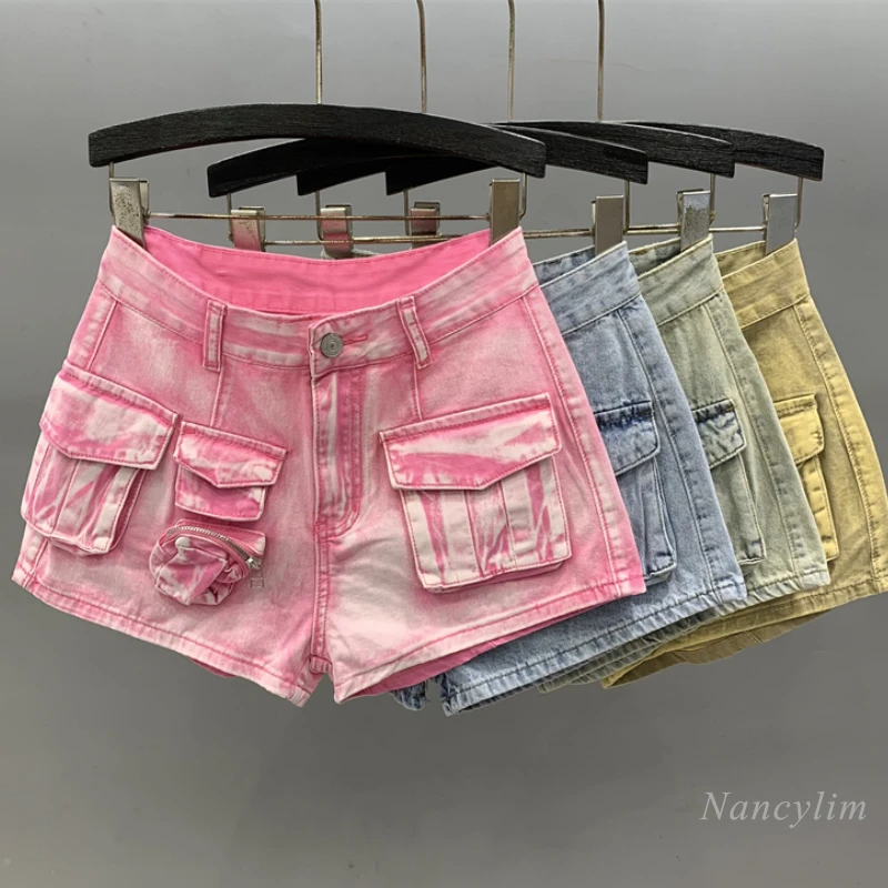 

Retro Workwear Pocket Denim Shorts for Women 2024 Summer New High Waist Slimming Hot Girl A- Line Wide-Leg Hot Pants Shorts