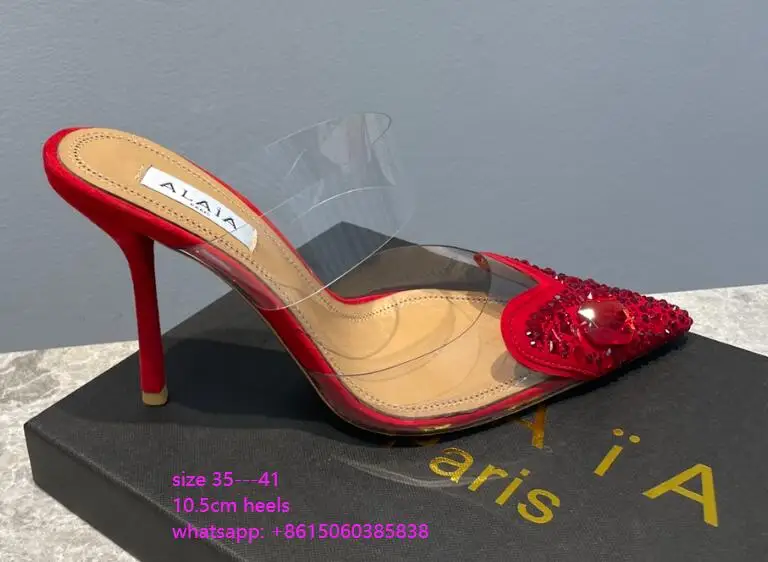 

ALAÏA red Coeur Patent calfskin heels Pointed toe Transparent vinyl straps Covered stiletto heel Women shoes cheap brand sale