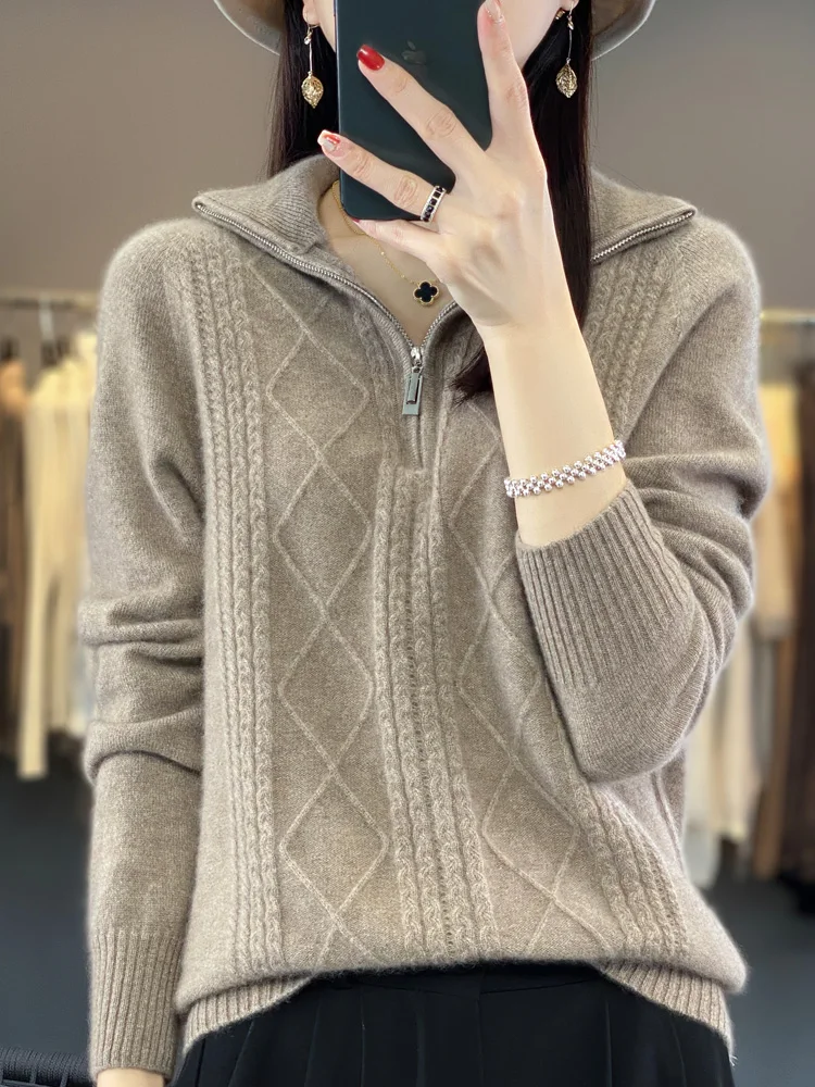 여성용 지퍼 울 풀오버, 턴다운 칼라, 두꺼운 캐시미어 스웨터, 100% 메리노 울 니트웨어, 마름모 뜨게 탑, 가을, 겨울