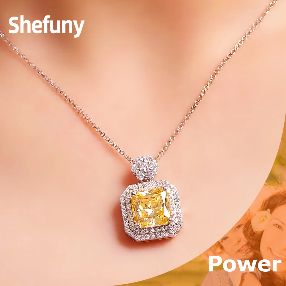 

Shefuny 925 Sterling Silver Square Yellow Zirconia Pendant Chain Clear CZ Flower Necklace For Women Fine Wedding Jewelry Gift