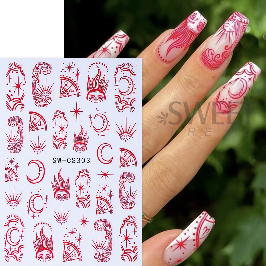 2pcs Star Nail Art Stickers 3D Retro Red Sun Star Moon Line Sliders Design Bohemia Nail Decals Holographic Manicure Decoration