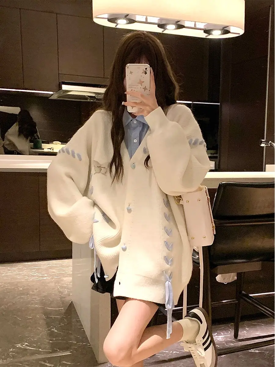 Preppy V-neck Cardigan Sweaters for Women Sweet Lace-up Kawaii Schoolgirls Long-sleeved Knitwear Coat Ins Autumn Korean Version