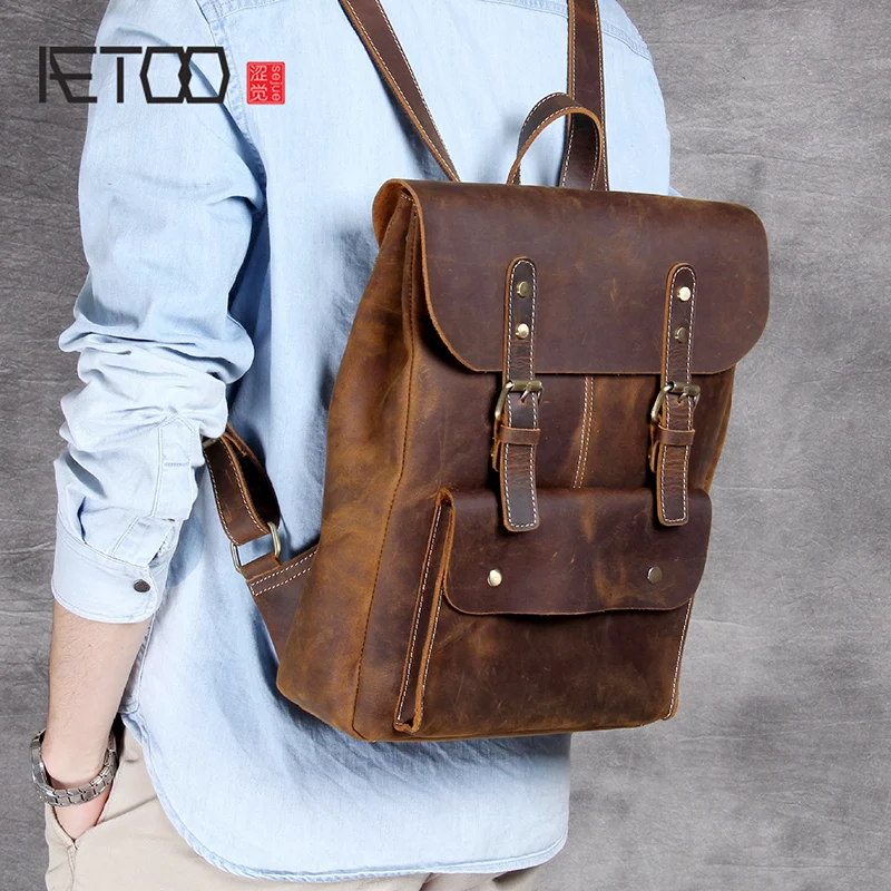 

AETOO Head Cowhide College Wind shoulder backpack men and women retro leather Casual bag