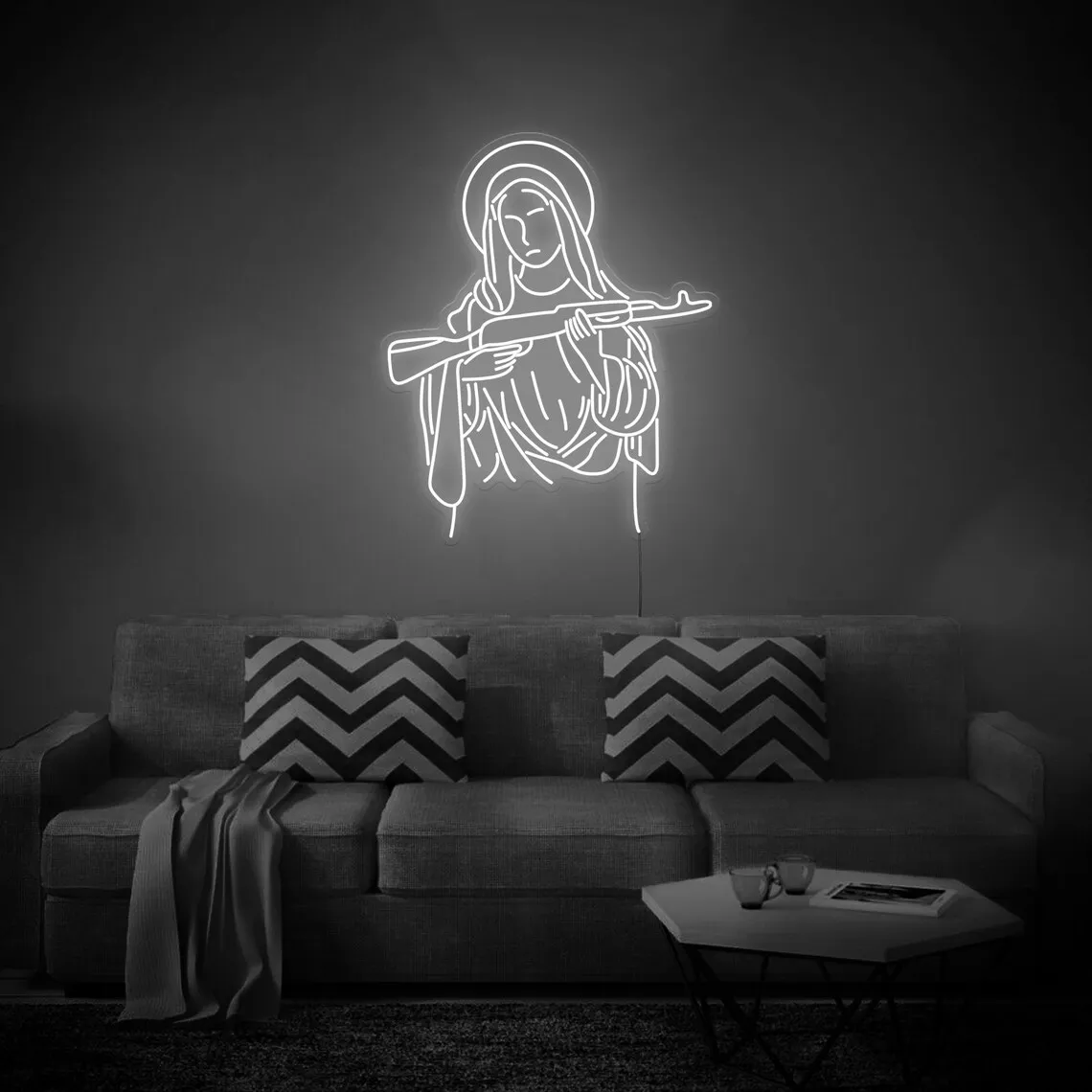 

Neon Sign Light Peace Virgin Mary Madonna Gun AK47 Custom for Party Club Shop USB Switch Atmosphere Wall 43x48cm Blessed Gift